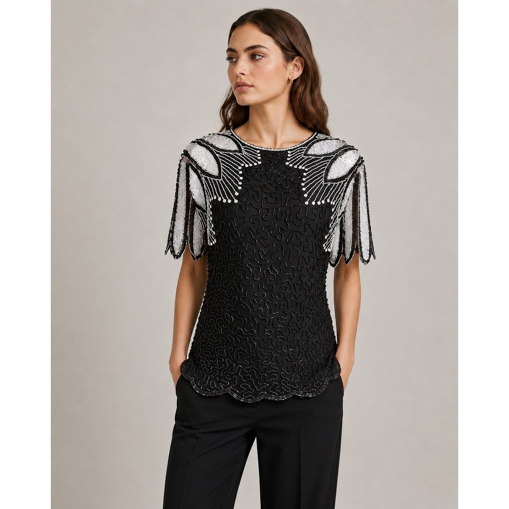 Stenay 100% Silk Beaded Sequin Black White Top Womens 14 Vintage Evening‎ Blouse